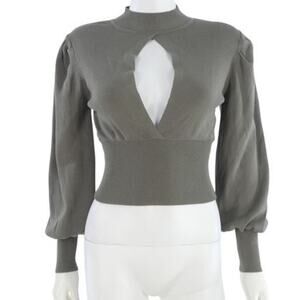 Zara Womens Small Sweater Top Crop Gray Green Keyhole Puff Sleeves Mock Neck